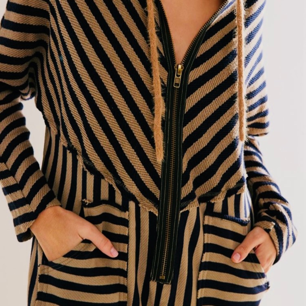 Free People Tan and Black Striped Jumpsuit